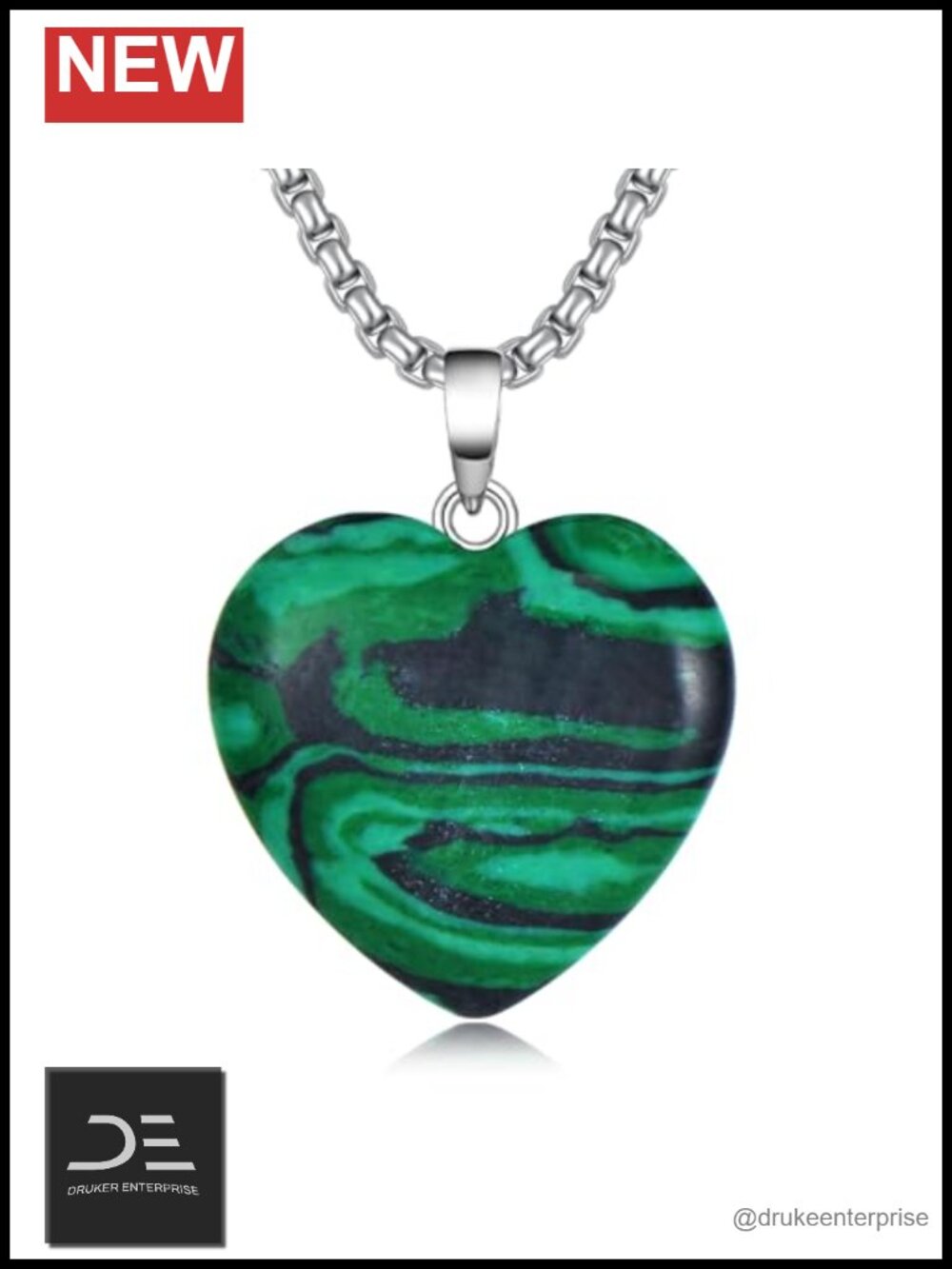 S925 Sterling Silver Malachite Heart Pendant Necklace